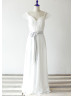 Cap Sleeves Ivory Lace Chiffon Slit Open Back Long Wedding Dress